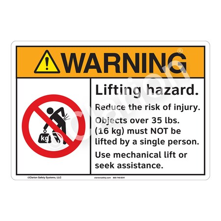 Warning Lifting Hazard Safety Signs Indoor/Outdoor Plastic (BJ) 10 X 7, F1167-BJSW1